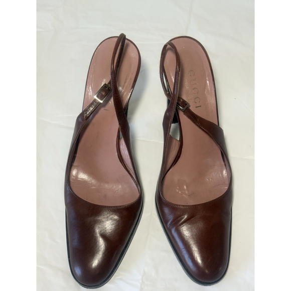 GUCCI Slingback Heels Closed Toe Brown Leather Shoes Sandals US 7 EU 37 C - Picture 11 of 16